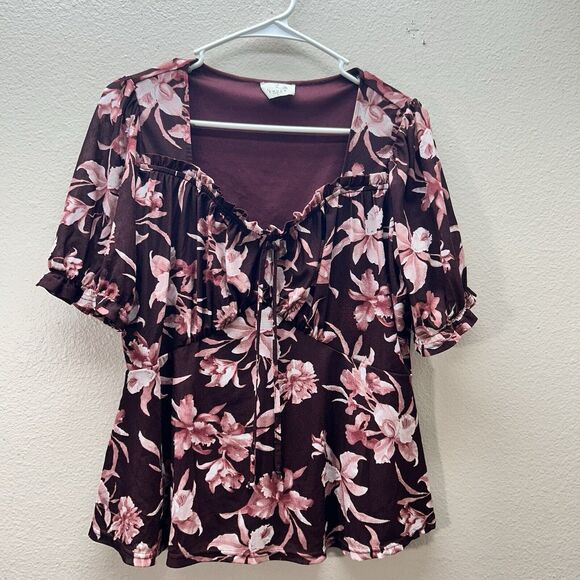 Anthropologie Ember Milkmaid Floral Maroon Babydoll Peplum Boho Cottage Top SZ L - Picture 1 of 5